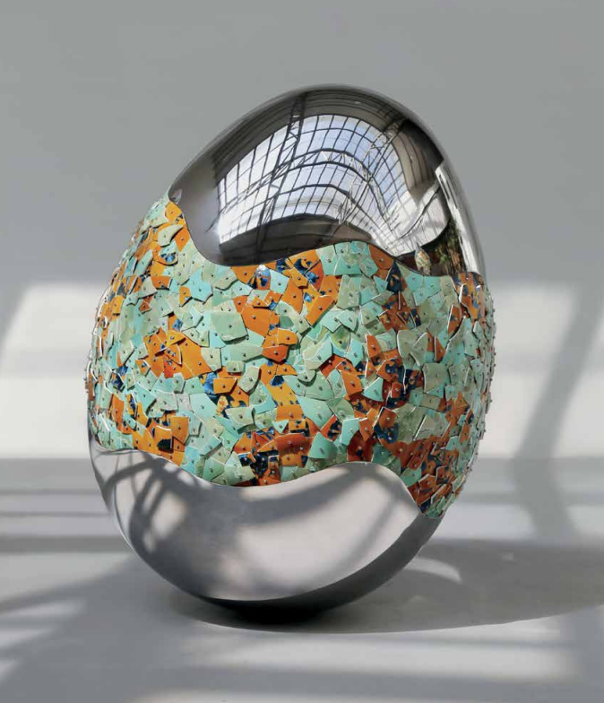 The Origin # 4 by Li Hongwei Egg-shaped sculpture blending chrome and brown and turquoise ceramic tiles