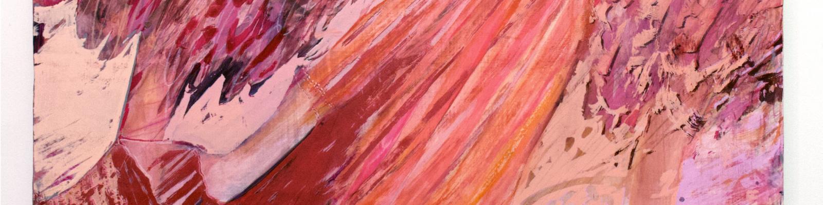 Painting of a women jumping through the air pink and red