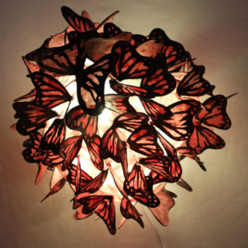 Bright globe surrounded by monarch butterflies