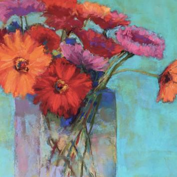 Pastel drawing of pink and orange flowers in a glass vase 