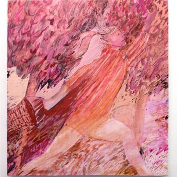 Painting of a women jumping through the air pink and red