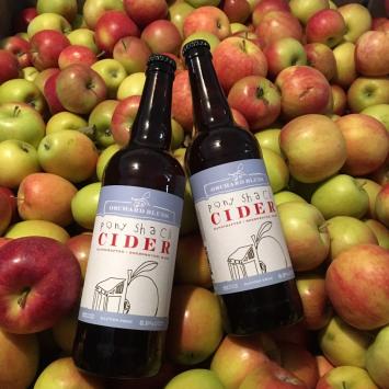Two brown bottles of Pony Shack Cider on a box full of apples