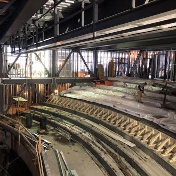 The new Stage Company's productions will be divided among a new 100-seat blackbox and 350-seat mainstage, pictured under construction here